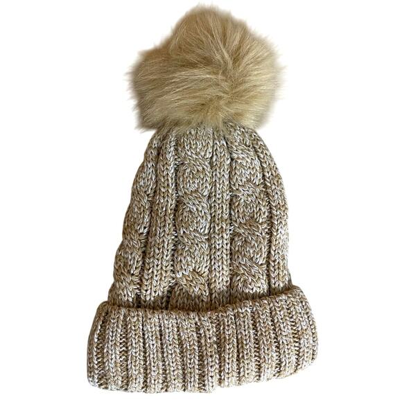 Time & Tru Women's Hat with Pompom OS Beige Tan Cable Knit Faux Fur Lining - Picture 4 of 6